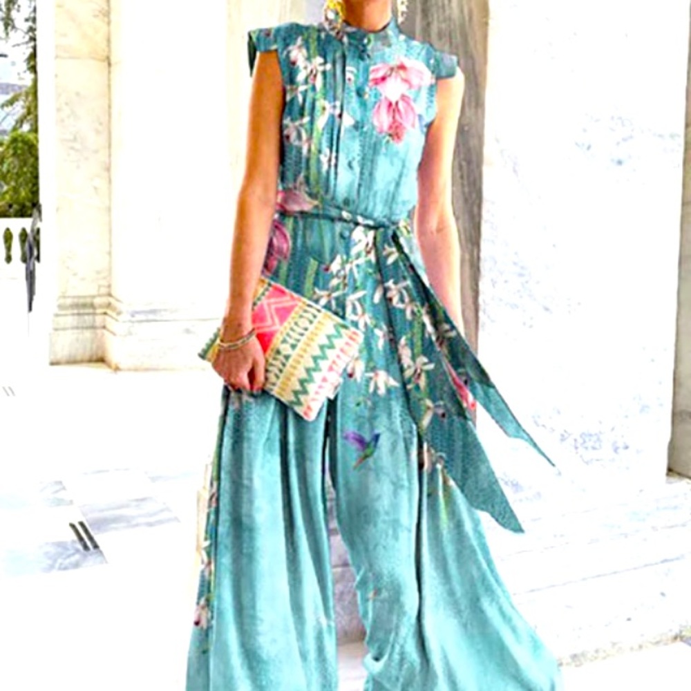 Blue Sleeveless Jumpsuit with Wide-Leg Design